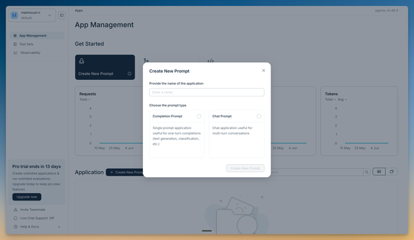 Screenshot showing the create new prompt dialog with completion prompt selected