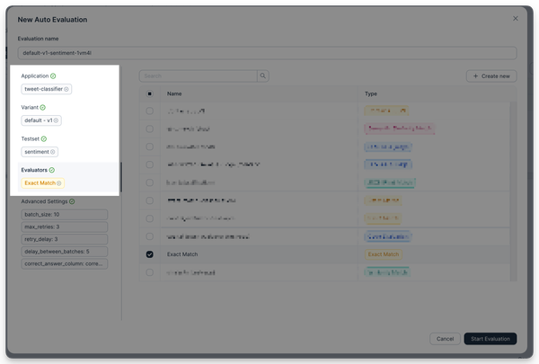 Start new evaluation modal