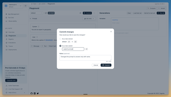 Screenshot showing the commit dialog with 'As a new variant' option selected