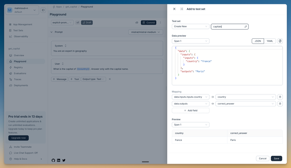 Screenshot showing the add to test set dialog with configuration options