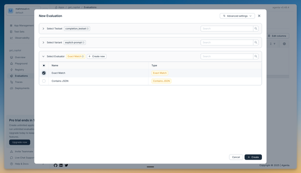 Screenshot showing evaluation configuration with test set, variant, and evaluator selected