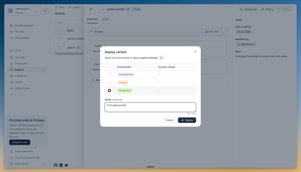 Screenshot showing the deploy dialog with production environment selected
