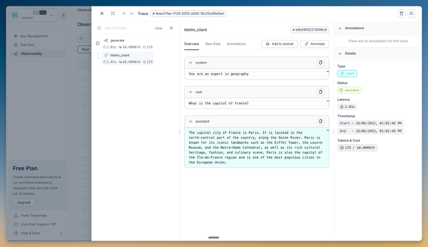 Screenshot showing the observability page with the trace generated