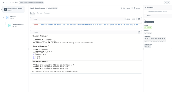 Agenta dashboard showing Agno application trace with detailed execution steps