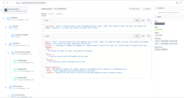 Agenta dashboard showing LangGraph application trace with detailed execution steps