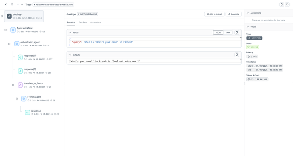 Agenta dashboard showing OpenAI Agents SDK application trace with detailed execution steps