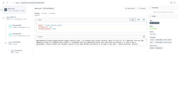 Agenta dashboard showing PydanticAI application trace with detailed execution steps