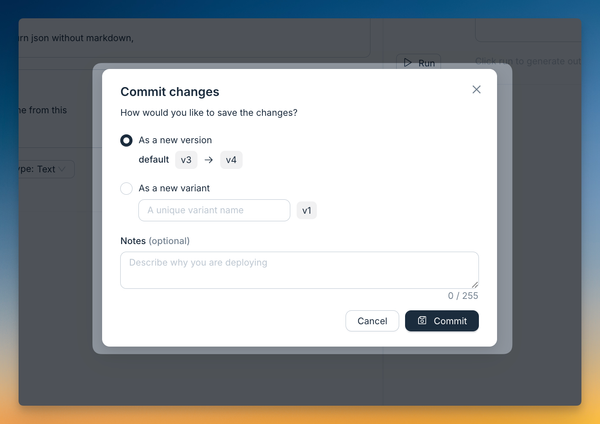 Commit changes modal showing commit message field and variant selection