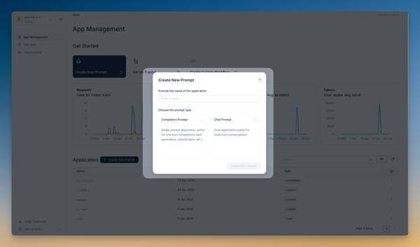 Create prompt modal showing completion and chat application options