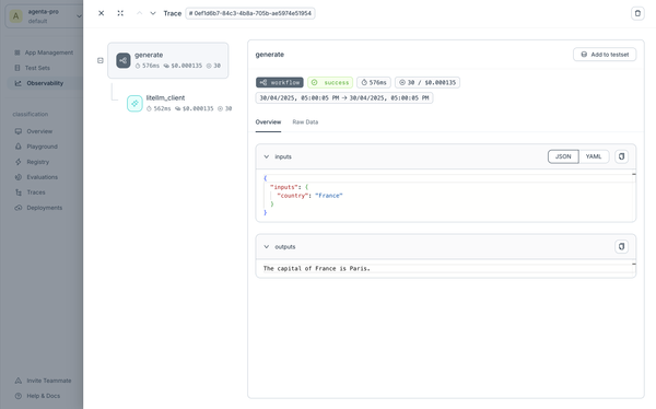 Observability dashboard showing detailed traces of proxy calls